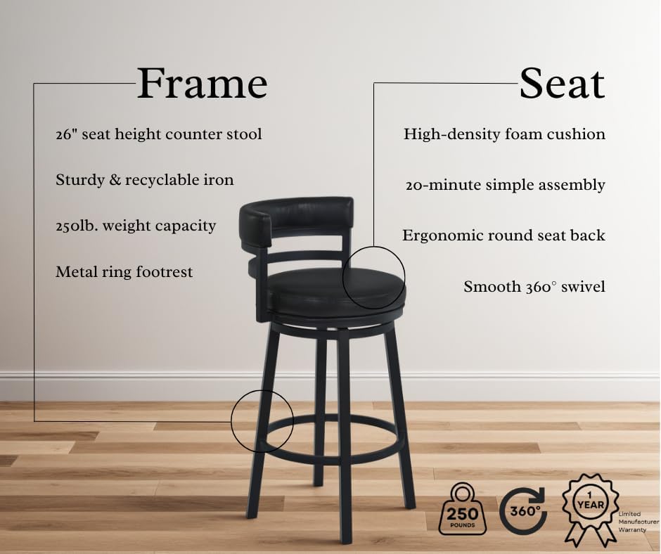 Armen Living Madrid 26" Seat Height Swivel Modern Ford Black Faux Leather and Black Finish Bar Stool for Kitchen Island Counter