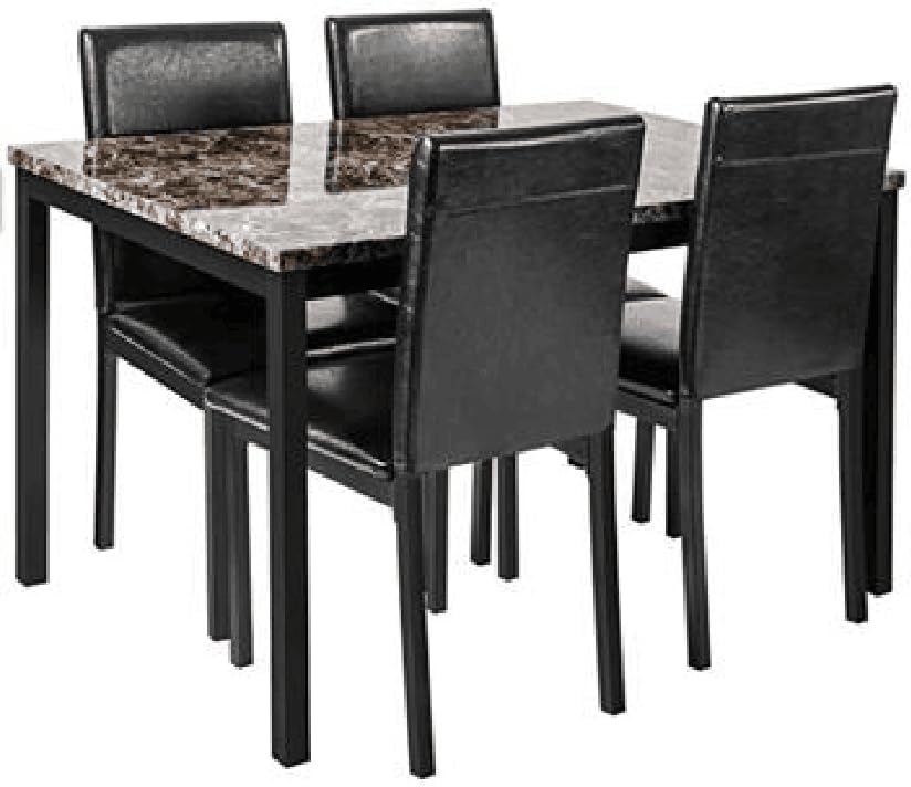 KEIKI 5 Piece Dining Table Set with 48" Marble Table & 4 PU Leather Padded Chair for 4 Person,Kitchen, Living Room,Dining Room Furniture,Easy Assembly,Black