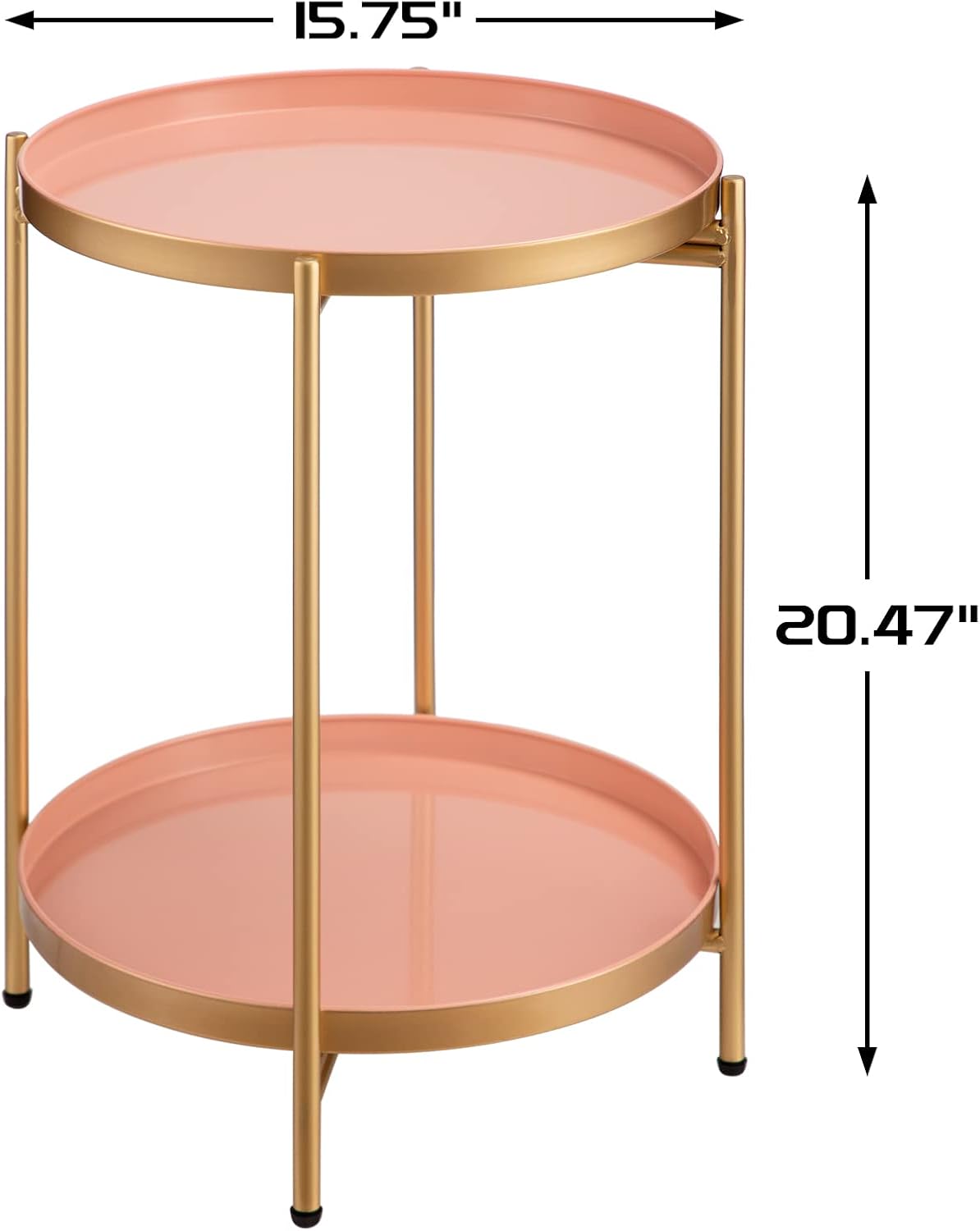 HollyHOME 2-Tier Round Gold Side Table, Outdoor Small Folding Accent Stand with Removable Tray, Anti-Rust Metal Asional Table for Balcony Patio Living Room, Nightstand for Bedroom(Gold&Pink)