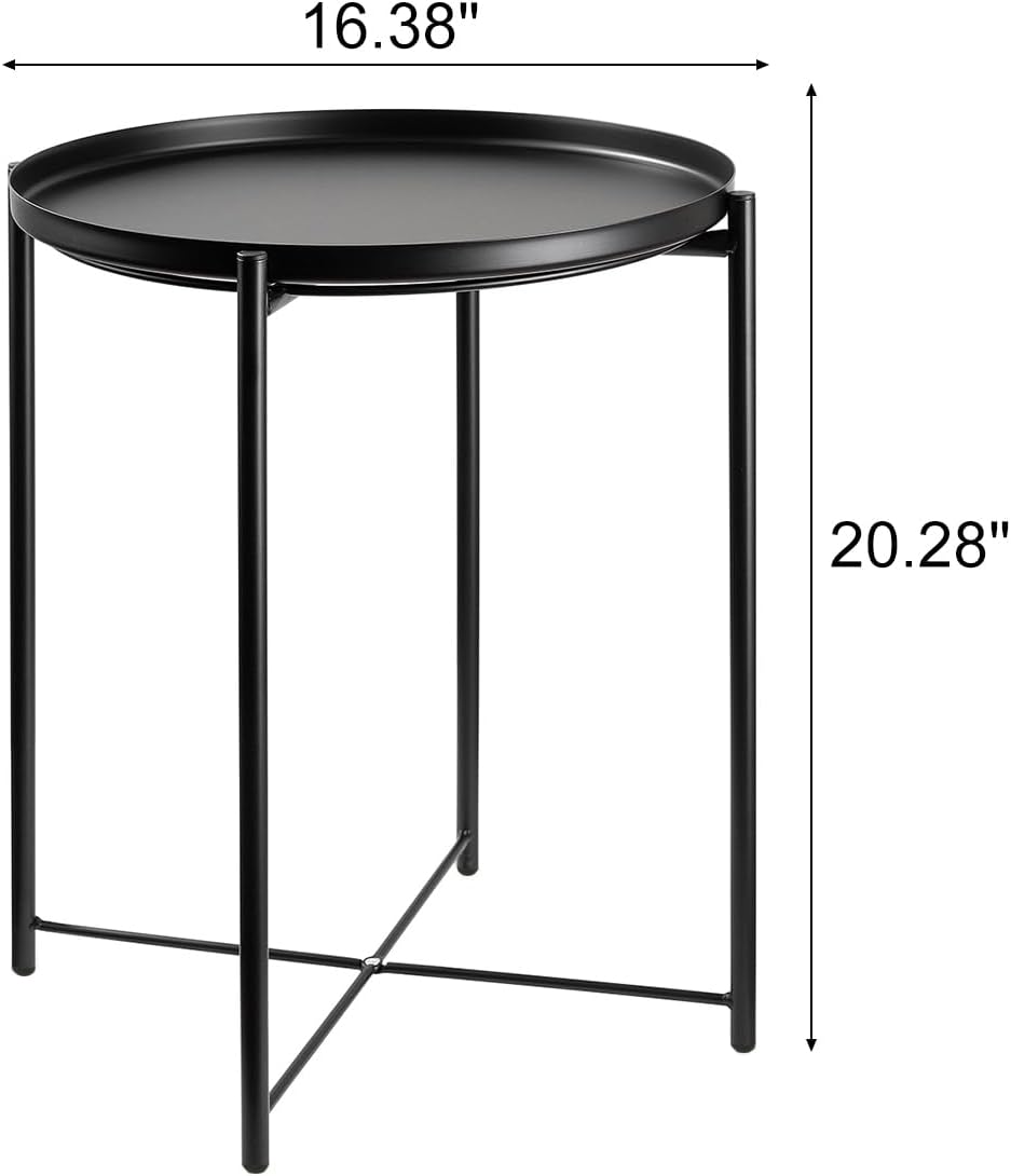 danpinera Metal Black Side Table for Small Spaces Outdoor Patio Table Round Metal Coffee Table Waterproof Removable Tray Table for Living Room Bedroom Balcony Office Black