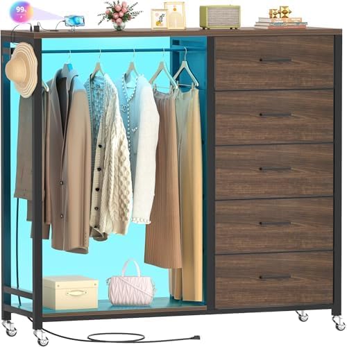 Cyclysio Dresser for Bedroom with Clothes Rack, 5 Fabric Drawers Dresser with Charging Station & LED Lights, Storage Chest of Drawers, Wooden Top, Bedroom, Closet, Red Oak