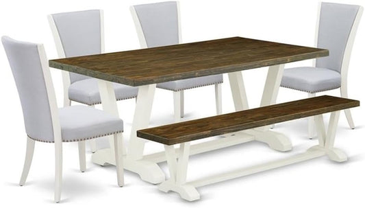 East West Furniture V077VE005-6 6 Piece Kitchen Table Set Contains a Rectangle Dining Table with V-Legs and 4 Grey Linen Fabric Parson Chairs with a Bench, 40x72 Inch, Multi-Color