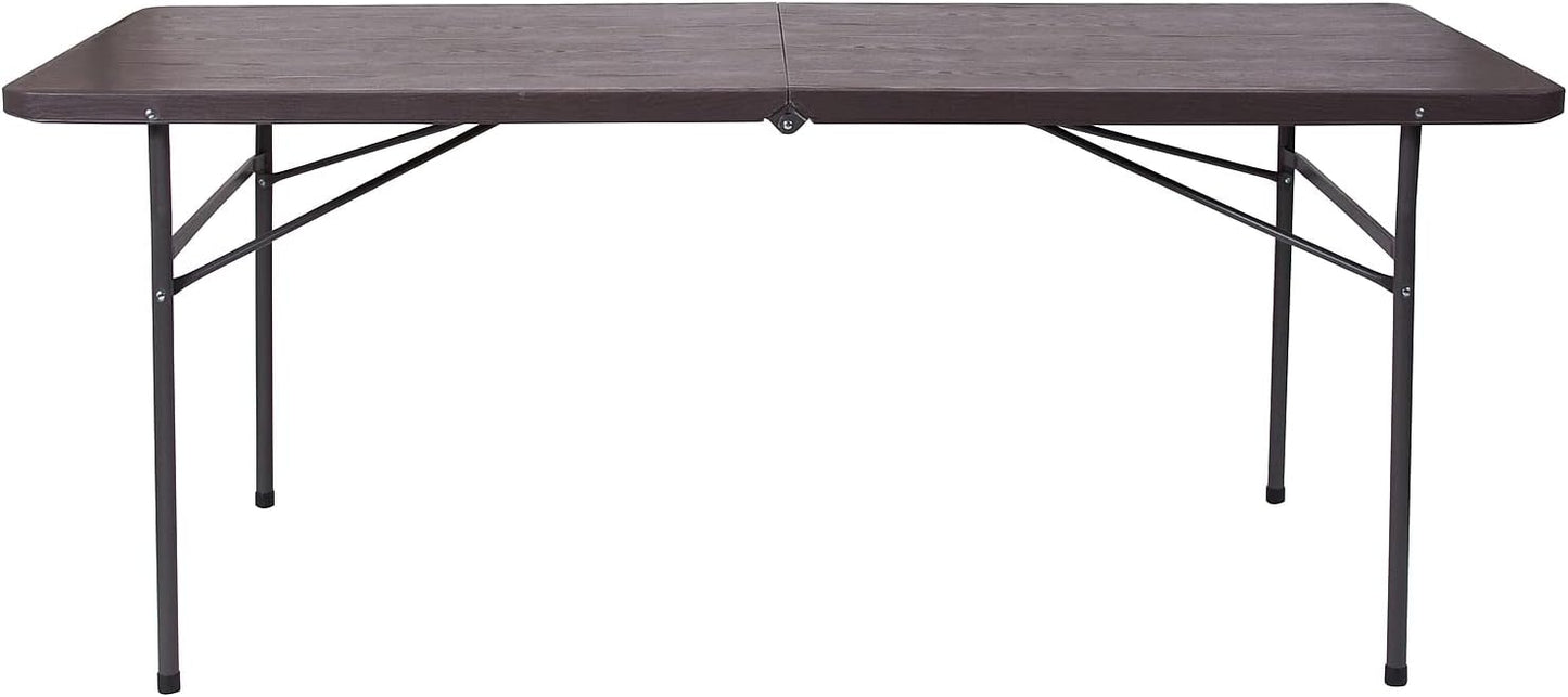 Flash Furniture Elijah 6-Foot Bi-Fold Brown Wood Grain Plastic Folding Table with Carrying Handle
