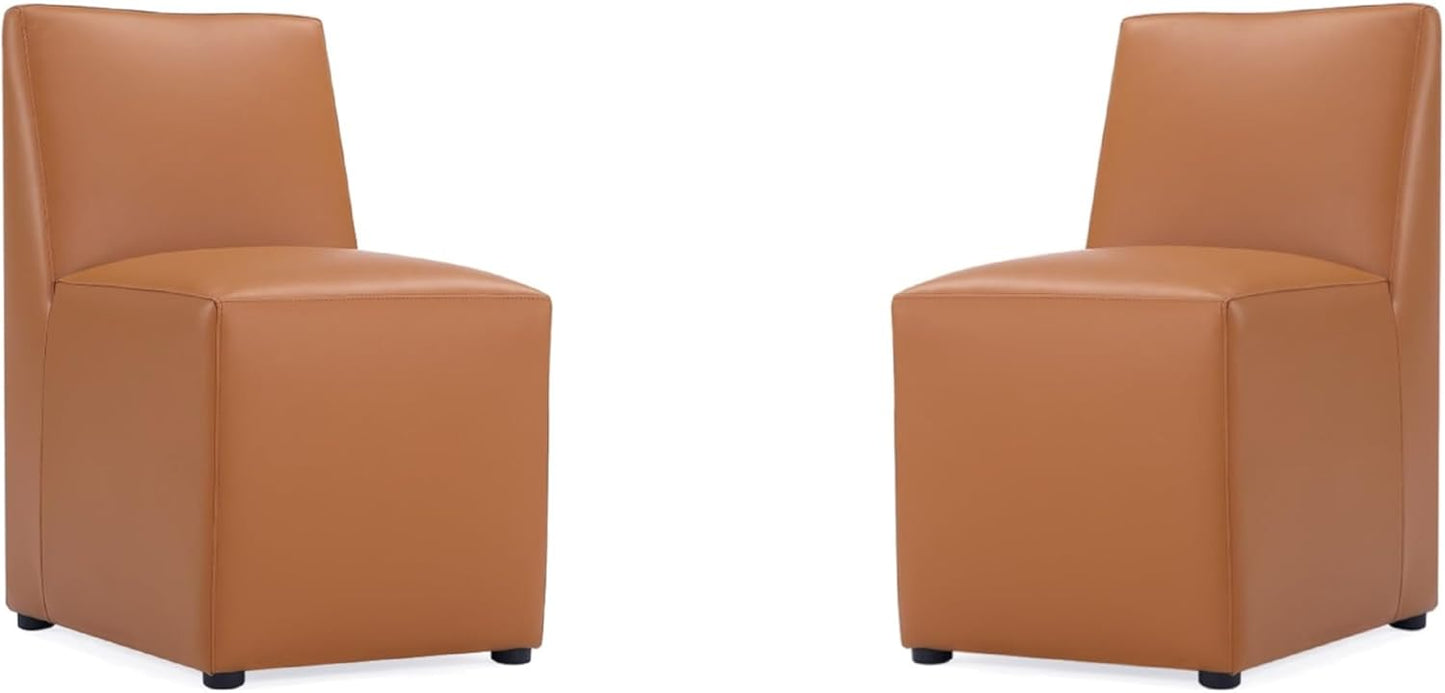 Manhattan Comfort Anna Square Modern Dining Chair with Head to Toe Faux Leather Upholstery and Plastic Foot Padding, Luxury Accent Furniture, Set of 2, Saddle