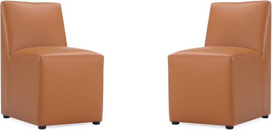 Manhattan Comfort Anna Square Modern Dining Chair with Head to Toe Faux Leather Upholstery and Plastic Foot Padding, Luxury Accent Furniture, Set of 2, Saddle