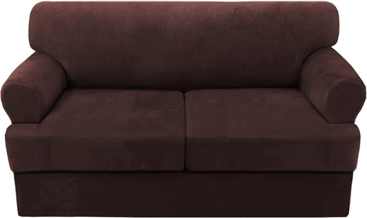 H.VERSAILTEX Sofa Cover 3 Piece T Cushion Loveseat Slipcovers Thick Velvet Couch Cover Furniture Protector Stretch T Cushion Sofa Covers for 2 Cushion Couch with 2 T Cushion Covers Washable, Brown