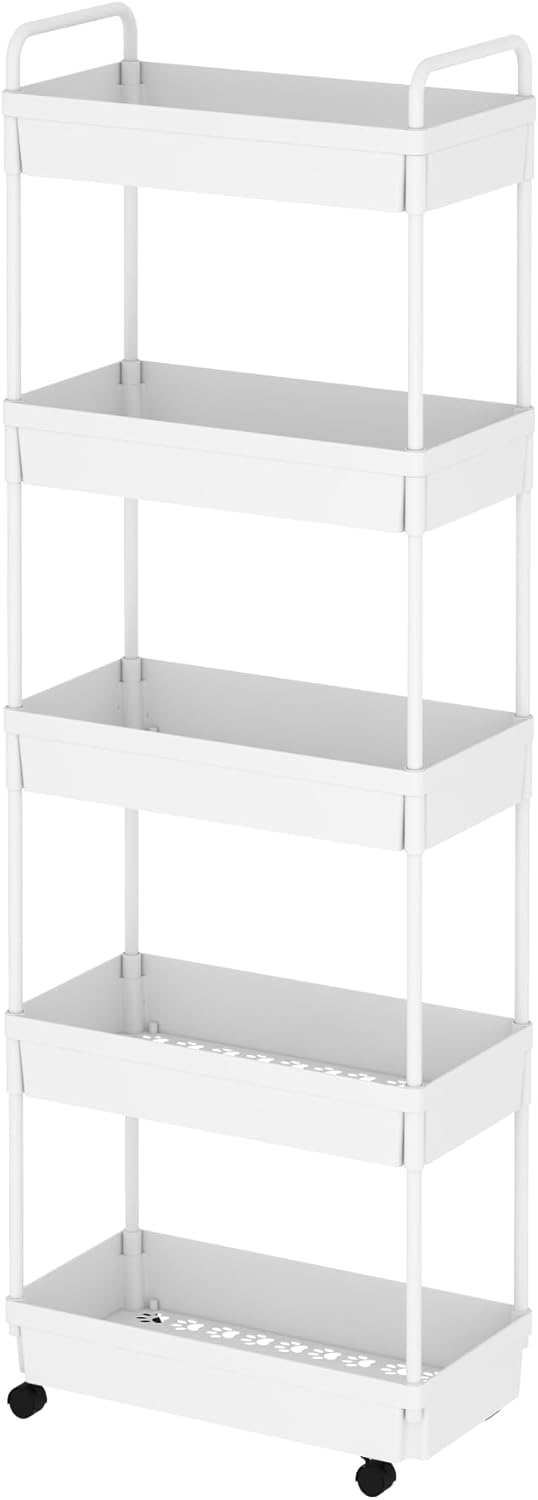 5-Tier Storage Cart，Shelf Organizer Mobile Shelving ，Utility Rolling Cart，Multifunction Movable Storage Organizer with Lockable Wheels,White