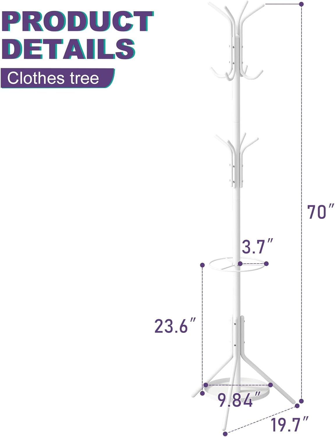 Coat Rack Freestanding Entryway Hanger Stand, Umbrella Holder, Hall Tree With 12 Hooks, Floor Standing Metal Tree Stand, White
