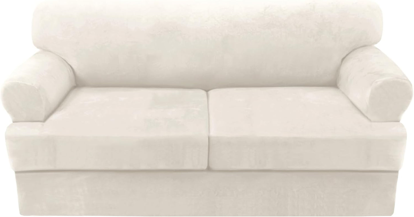 H.VERSAILTEX Sofa Cover 3 Piece Loveseat Slipcovers Thick Velvet Couch Cover Furniture Protector Stretch Sofa Covers for 2 Cushion Couch with 2 Individual T Cushion Covers Washable, Ivory
