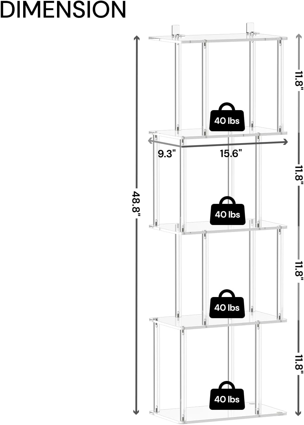 Acrylic Geometric Bookshelf for Small Spaces, 5-Tier Clear S Shaped Bookcase, Modern Open Book Shelf for Living Room, Bedroom, Office, 9.3" D x 15.6" W x 48.8" H, Easy Assembly
