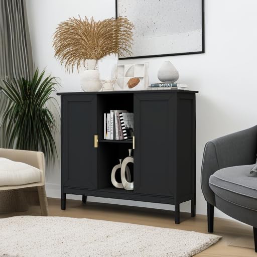 TaoHFE Black Buffet Cabinet,Modern Narrow Sideboard Buffet Cabinet Wooden Side Table with Storage,Black Accent Cabinets for Living Room