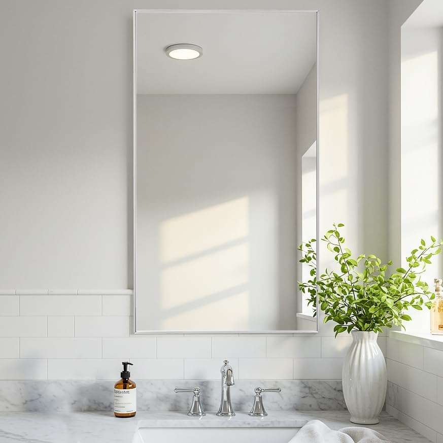 20x36 Inch Silver Bathroom Mirror - Copper-Free Mirror, Aluminum Alloy Frame Vanity Rectangle Wall Mounted Modern Mirror for Bedroom/Living Room/Porch Horizontal or Vertical