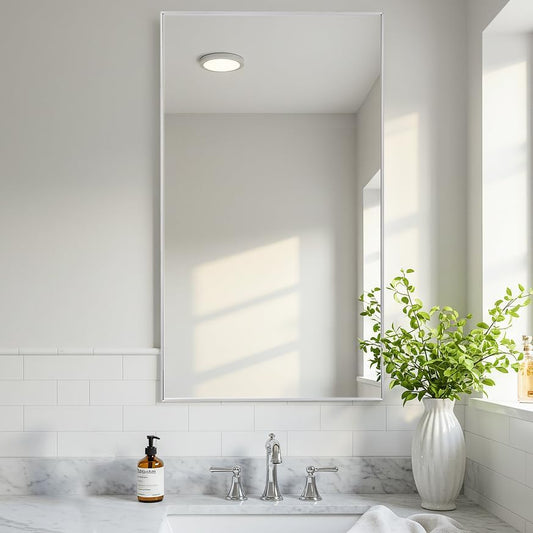 20x36 Inch Silver Bathroom Mirror - Copper-Free Mirror, Aluminum Alloy Frame Vanity Rectangle Wall Mounted Modern Mirror for Bedroom/Living Room/Porch Horizontal or Vertical