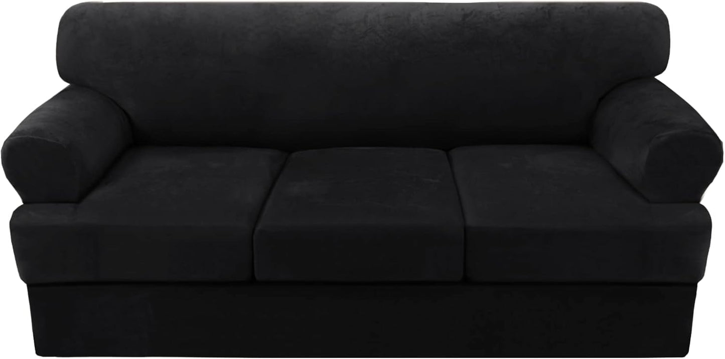 H.VERSAILTEX Sofa Cover 4 Piece T Cushion Sofa Slipcovers Velvet Couch Cover Furniture Protector Stretch T Cushion Sofa Covers for 3 Cushion Couch with 3 Individual T Cushion Covers Washable, Black