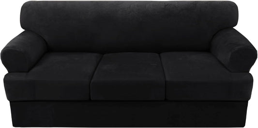 H.VERSAILTEX Sofa Cover 4 Piece T Cushion Sofa Slipcovers Velvet Couch Cover Furniture Protector Stretch T Cushion Sofa Covers for 3 Cushion Couch with 3 Individual T Cushion Covers Washable, Black