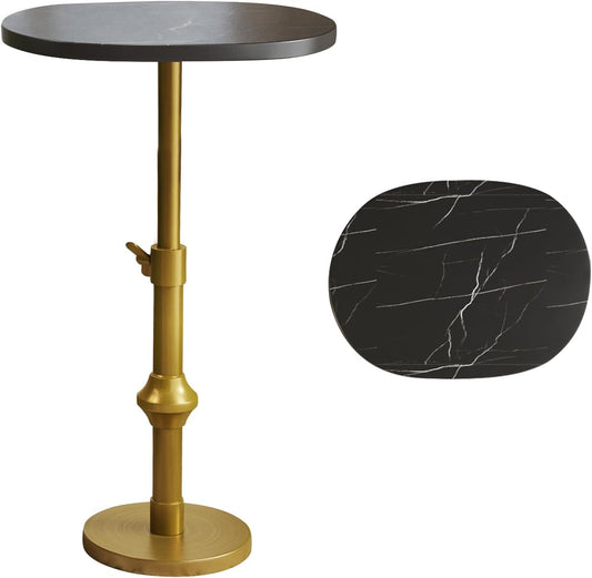 Marble Drink Table, 10"x12"x(22“~30") Martini Table with Metal Antique Brass Adjustable Stand Base, Drink Tables for Small Spaces, Living Room, Bedroom, Or Office (Black)