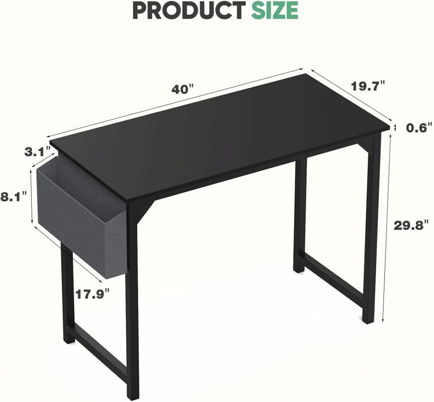 40 Inch Desk Office with Storage, Modern Simple Style Gaming Computer Table for Youth Student Adult, Metal and Wood Home Office Furniture, Black