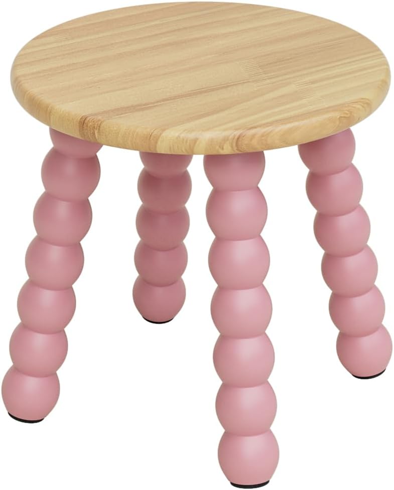 Masupu Solid Wooden Step Stool for Adults Kids, 11 inch Small Foot Stool, Non-Slip One Step Stool, Sturdy Foot Stool for Bathroom, Bedroom, Kichen, Plant Stand(Natural and Pink)