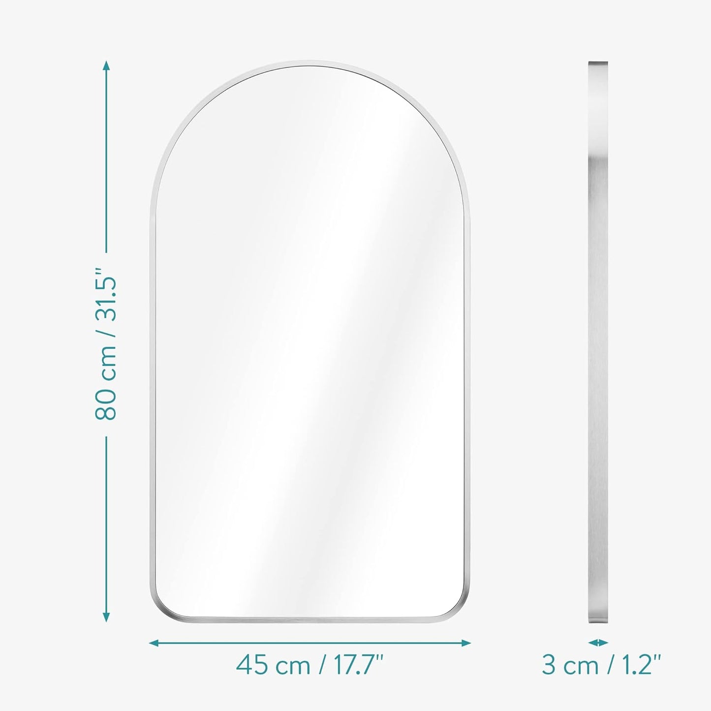 Navaris Arched Wall Mirror - Silver Arch Framed Mirror - 17.7x31.5 Wall-Mounted Mirror with Silver Aluminum Alloy Frame for Living Room Bathroom Hall