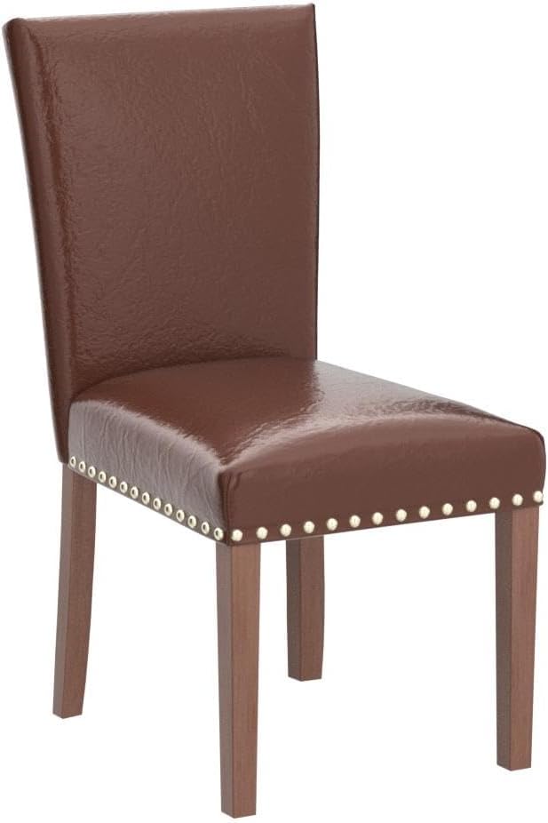 COLAMY Upholstered Parsons Dining Chairs Set of 6, PU Leather Dining Room Kitchen Side Chair with Nailhead Trim and Wood Legs - Light Brown