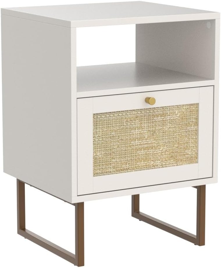 Masupu Rattan Nightstand,Modern Boho Farmhouse Wood Bedside Table with Storage Drawer and Open Shelf,Small Gold Frame Side End Table for Bedroom,Living Room,Office(White)