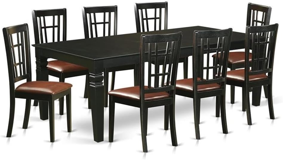 East West Furniture LGNI9-BLK-LC 9 Piece Kitchen Table & Chairs Set Includes a Rectangle Dining Room Table with Butterfly Leaf and 8 Faux Leather Upholstered Chairs, 42x84 Inch, Black