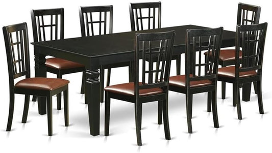 East West Furniture LGNI9-BLK-LC 9 Piece Kitchen Table & Chairs Set Includes a Rectangle Dining Room Table with Butterfly Leaf and 8 Faux Leather Upholstered Chairs, 42x84 Inch, Black