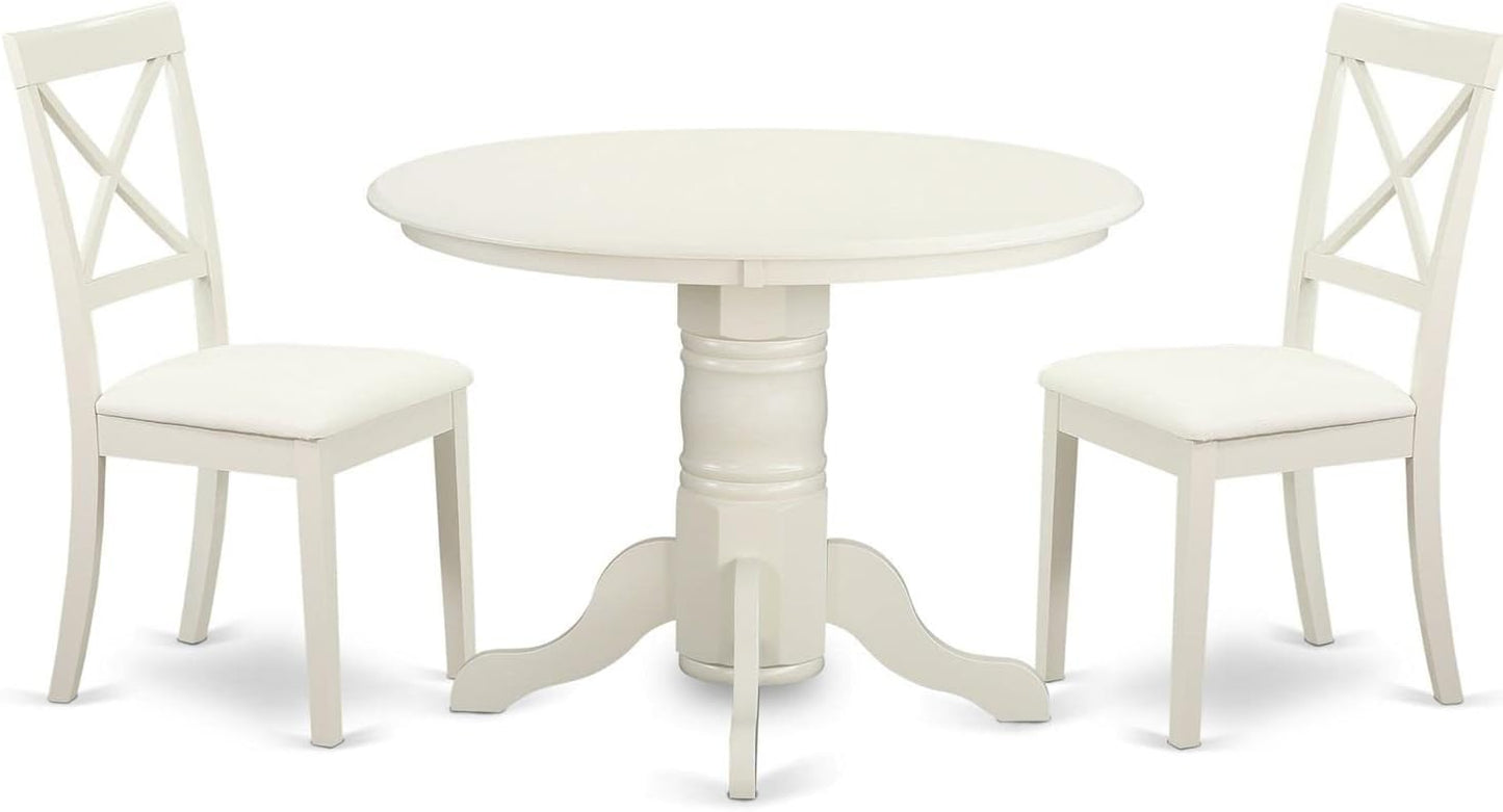 East West Furniture SHBO3-WHI-LC 3 Piece Dinette Set for Small Spaces Contains a Round Kitchen Table with Pedestal and 2 Faux Leather Upholstered Dining Chairs, 42x42 Inch, Linen White