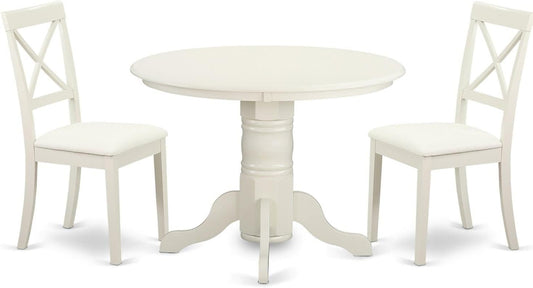 East West Furniture SHBO3-WHI-LC 3 Piece Dinette Set for Small Spaces Contains a Round Kitchen Table with Pedestal and 2 Faux Leather Upholstered Dining Chairs, 42x42 Inch, Linen White