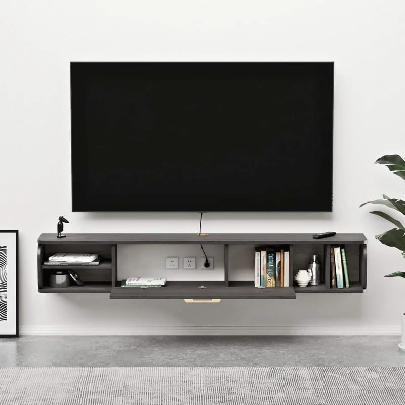 Floating TV Unit, 58'' Wall Mounted TV Cabinet, Floating Shelves with 4 Cabinets, Wooden Entertainment Media Console Center Large Storage TV Bench for Living Room & Office (58IN, Dark Grey)