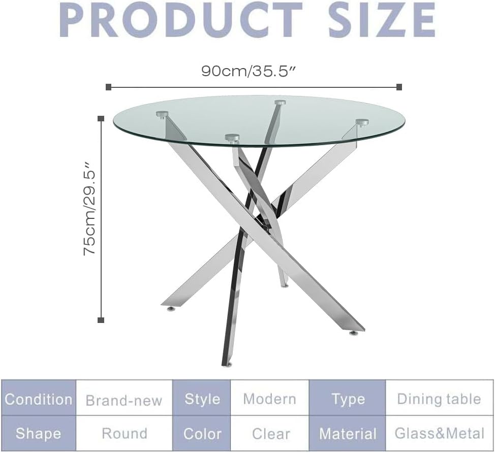 Round Tempered Glass Dining Table for 2-4 with Chromed Legs, 35.5 in Modern Small Kitchen Table for Kitchen Dining Room (White/Silver)