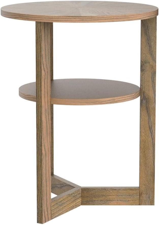 MODERION Round End Table, Farmhouse Side Table with Storage Shelf, Classic Circular Solid Wood Beside Table, 2-Tier Telephone Table, Nightstand, 24”H x 19.3”D for Living Room Rustic Natural BZ3338