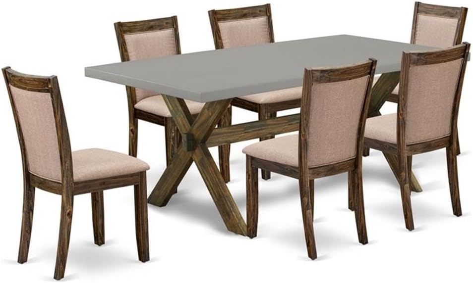 East West Furniture X797MZ716-7 7 Piece Modern Dining Table Set Consist of a Rectangle Wooden Table with X-Legs and 6 Dark Khaki Linen Fabric Upholstered Chairs, 40x72 Inch, Multi-Color