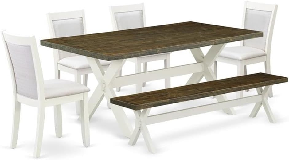 East West Furniture X077MZ001-6 6 Piece Kitchen Table Set Contains a Rectangle Dining Table with X-Legs and 4 Cream Linen Fabric Parson Chairs with a Bench, 40x72 Inch, Multi-Color