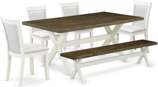 East West Furniture X077MZ001-6 6 Piece Kitchen Table Set Contains a Rectangle Dining Table with X-Legs and 4 Cream Linen Fabric Parson Chairs with a Bench, 40x72 Inch, Multi-Color