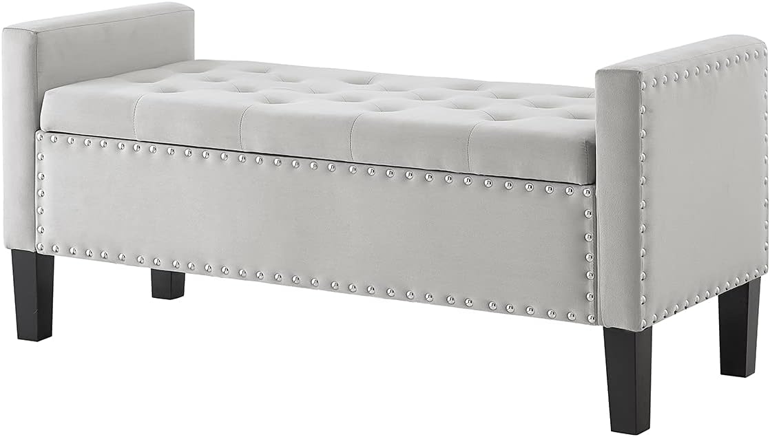 24KF Velvet Modern Upholstered Tufted Button Storage Bench with Arms for Bedroom,Entryway Living Room Soft Padded Seat -Gray