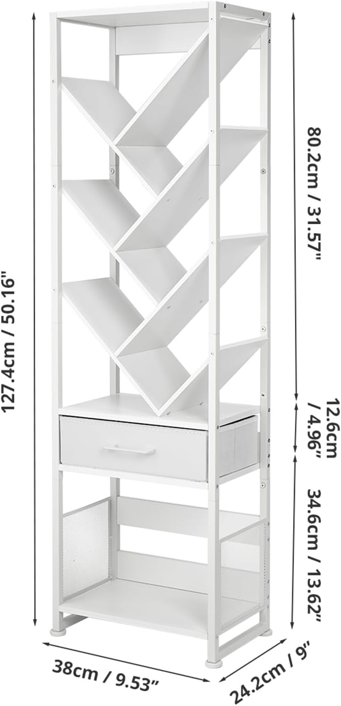 Bookshelf with Drawer,10 Tier Tree Bookcase Retro Floor Standing Bookshelves,Tall Wood Bookcases with Cabinet Storage Organizer for Living Room, Bedroom & Home Office, White