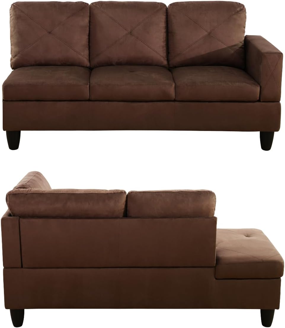 Modern Living Room Furniture Sets with Pillows, Modular Sectional Couches with Chaise Lounge, 4-Seaters L Shape Sofa with Storage Ottoman, for Living Room, Microfiber, Brown