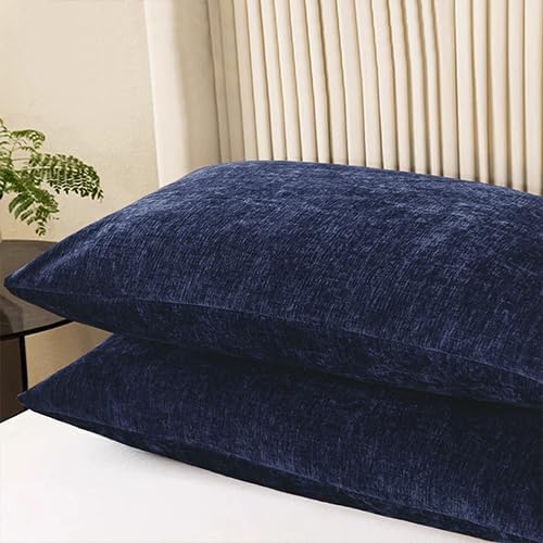 CaliTime Throw Pillow Covers Decorative 20 X 26 Inches Pack of 2 Cozy Chenille Standard Pillow Shams Cases for Couch Sofa Bed Living Room Home Navy Blue