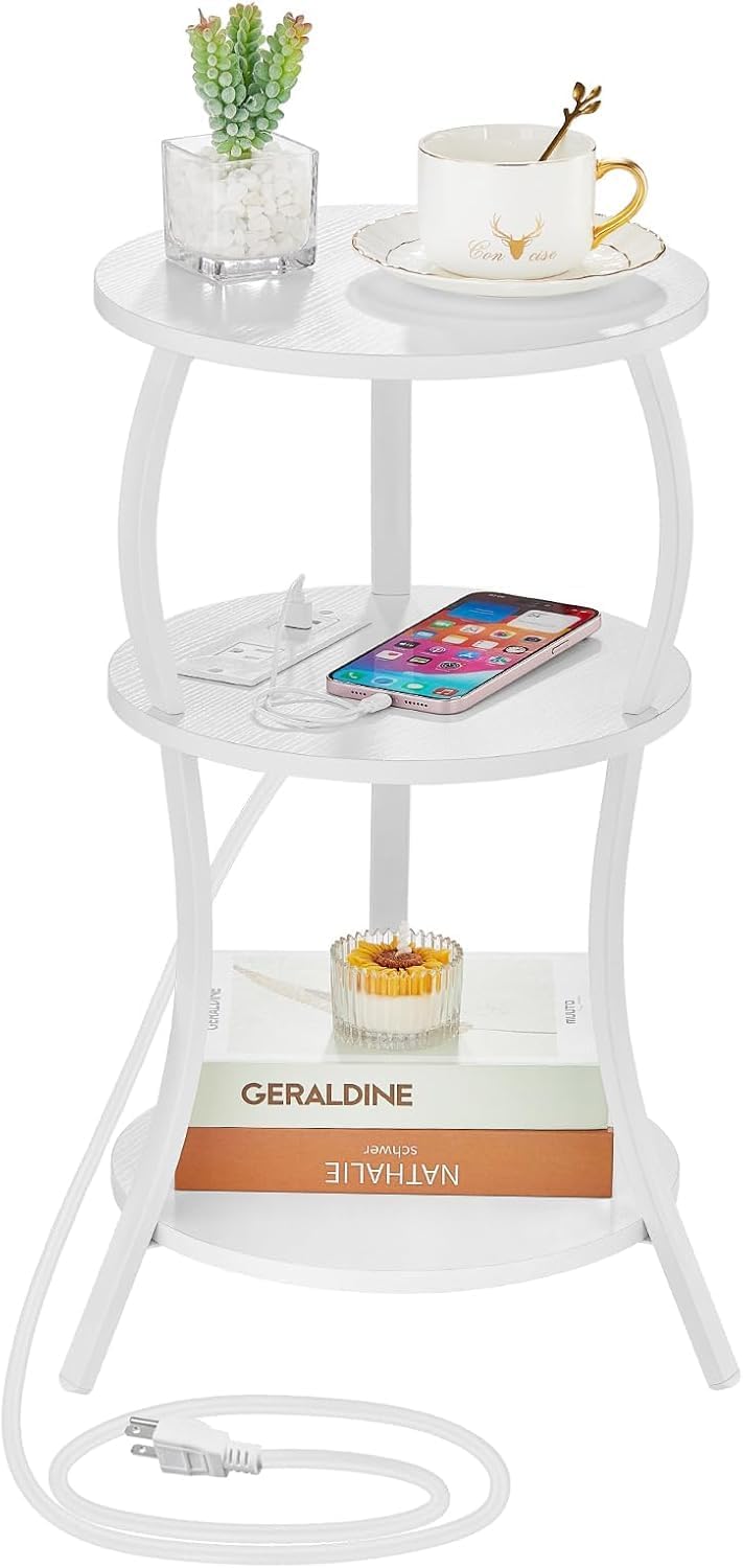 Small Round Side Table with Charging Station, 3-Tier Waist Circular End Table with Storage Shelf, Compact Tea Sofa Side Table Small Spaces, Round Corner Coffee Table for Living Room Bedroon,White