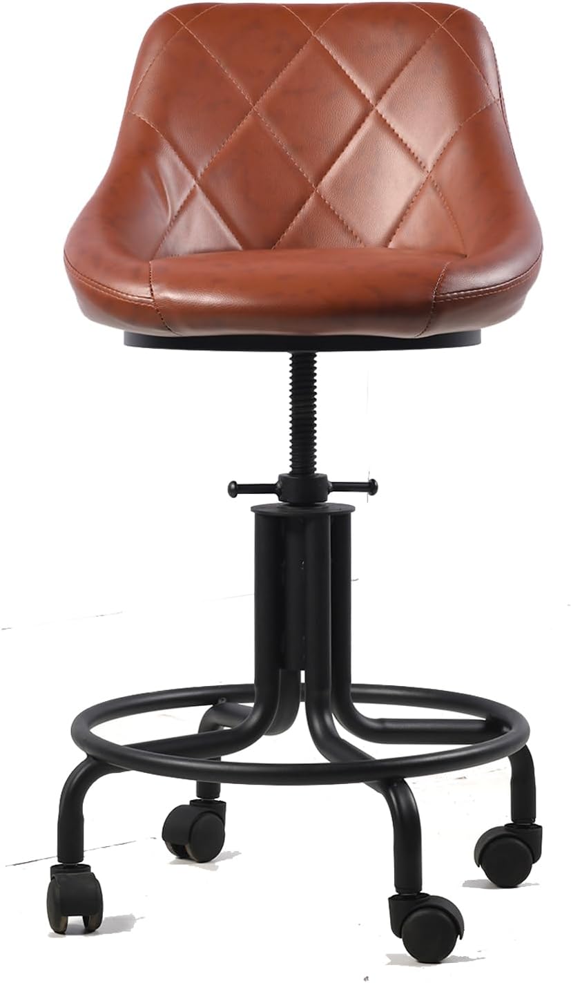 Topower Antique Industrial Design Metal Adjustable Height Kitchen Dining Breakfast Chair Industrial Style Bar Stool with Wheels, Fully Welded, Brown PU Leather Sea