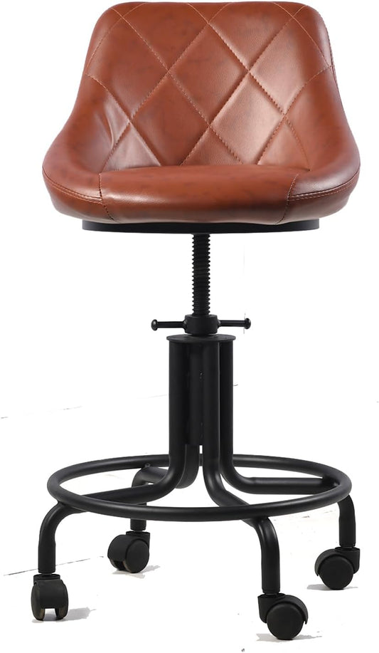 Topower Antique Industrial Design Metal Adjustable Height Kitchen Dining Breakfast Chair Industrial Style Bar Stool with Wheels, Fully Welded, Brown PU Leather Sea