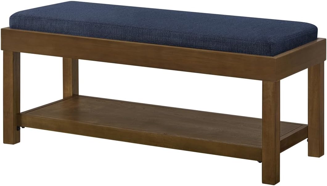 24KF Large Rectangular Storage Bench,Upholstered Seat Cushion,Ottoman Coffee Table with Navy Blue Removable Cushion for Living Room,Entryway Bench Bed Bench with Solid Wood Shelf,5069-Navy Blue