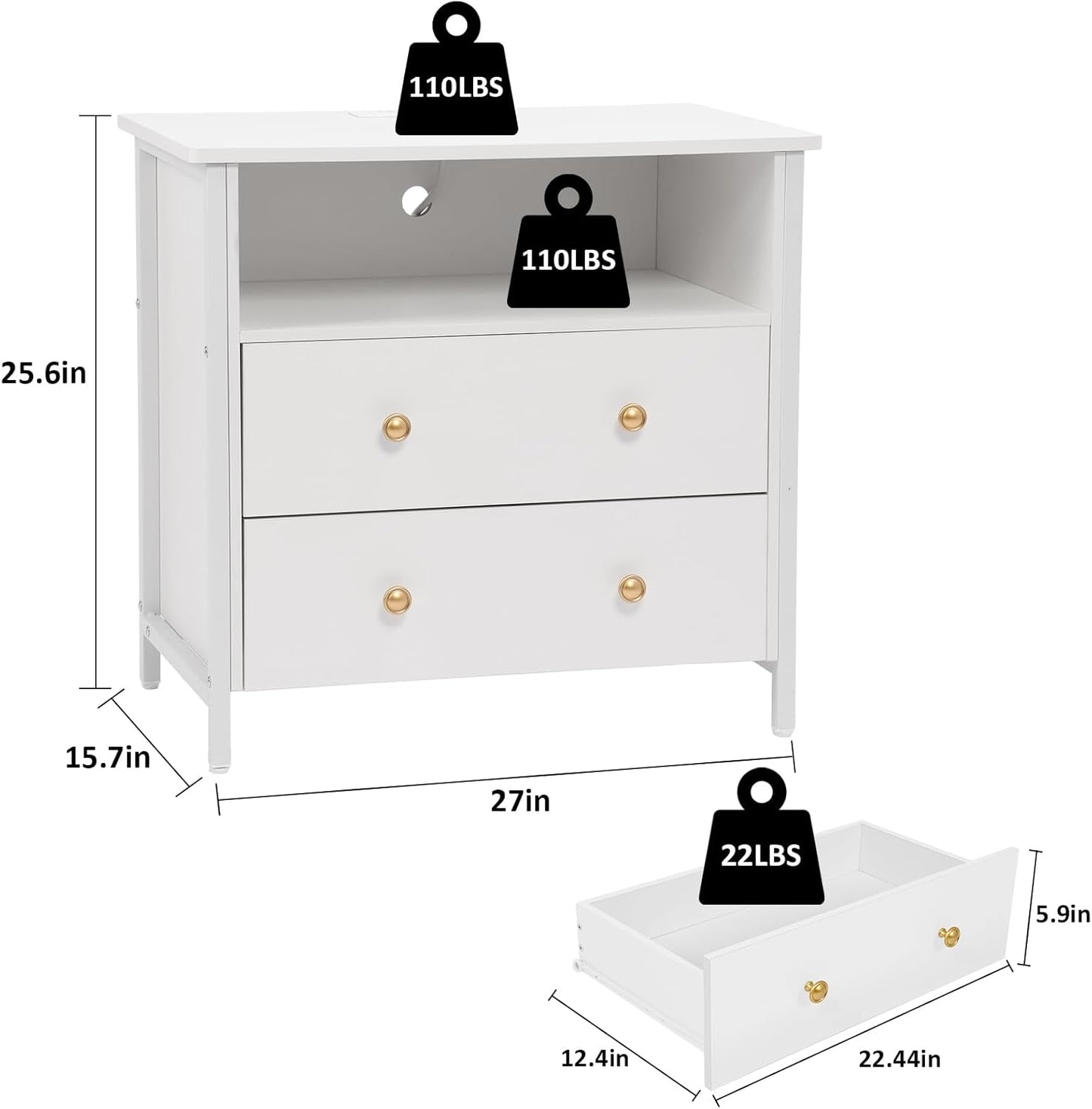 27 Inch Wide Night Stand, Large Wood Night Stand with 2 Drawers, LED Nightstand with Charging Station and Adjustable Drawer, Bedside Table for Living Room/Bedroom/Study/Office, White.