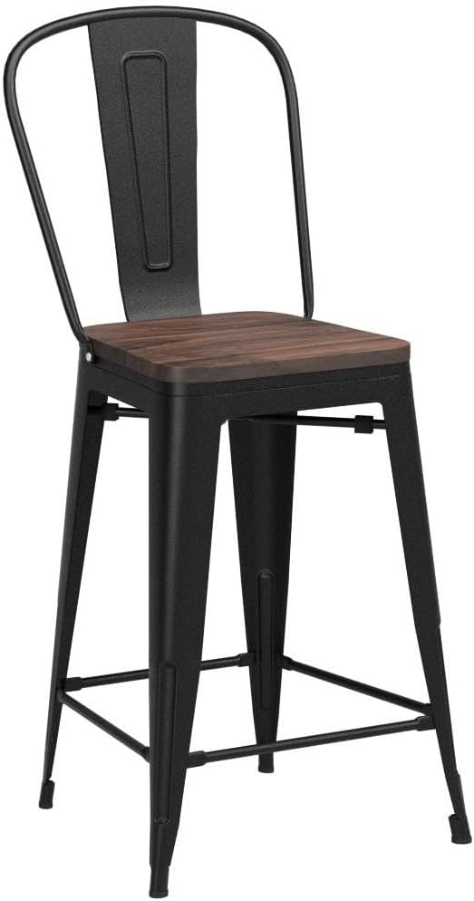 Yongqiang Barstools Set of 4 Counter Height Bar Stools for Kitchen Island Farmhouse Metal High Back Bar Chairs Wooden Seat 24" Matte Black