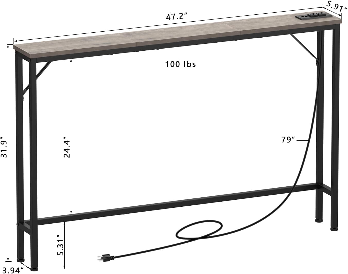 Tohomeor 5.9" Skinny Behind Sofa Console Table with Charging Station 47.2" Narrow Long Behind Couch Table with Power Outlets USB Ports Thin Entry Table for Entryway Living Room Hallway Retro Grey