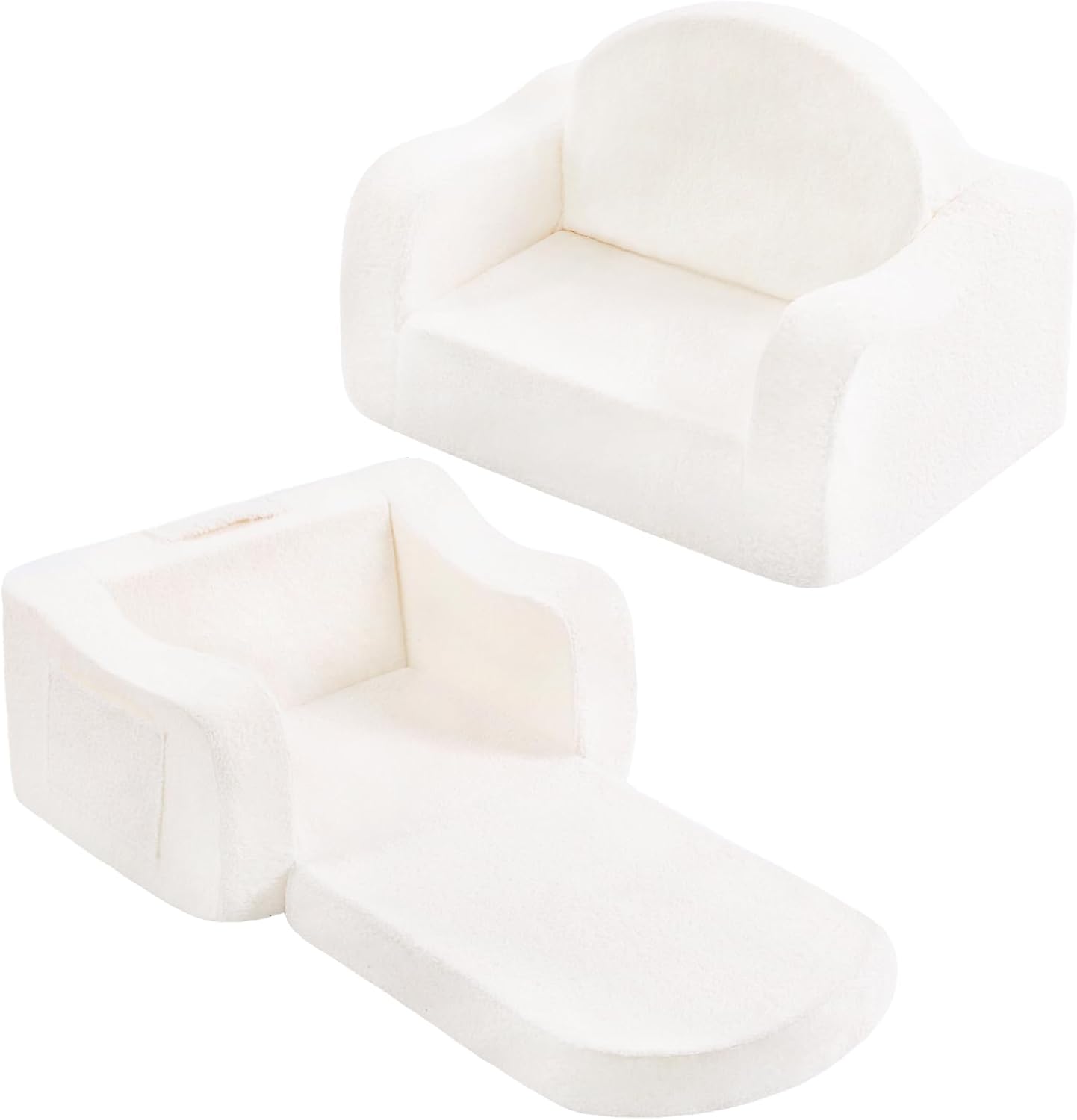 Welnow Kids Sofa, 2-in-1 Soft Sherpa Toddler Chair, Convertible Toddler Couch Lounger, Flip Out Kids Couch Chair with Side Pockets & Removable Cover for Girls and Boys, Beige