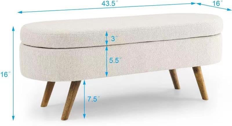 Ottoman Oval Storage Bench with Rubber Wood Legs,Linen Fabric Storage Footstool,for Bedroom, Entryway, Living Room, Beige(43.5"x16"x16")