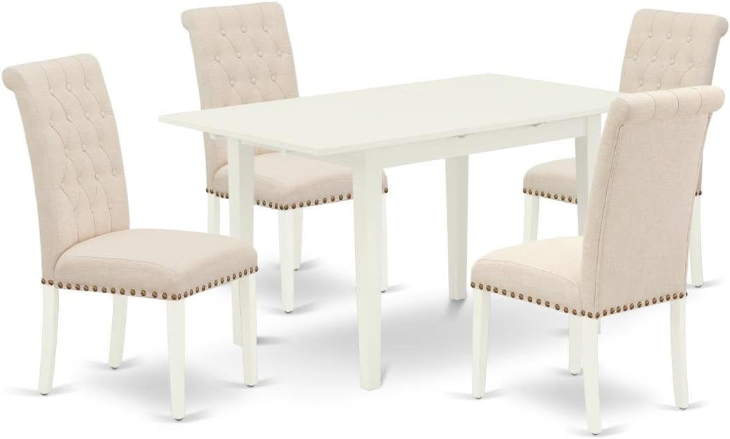East West Furniture NOBR5-LWH-02 5 Piece Dining Table Set Includes a Rectangle Dining Room Table with Butterfly Leaf and 4 Light Beige Linen Fabric Parsons Chairs, 32x54 Inch, Linen White