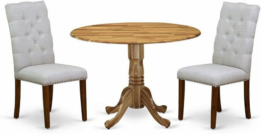 East West Furniture DLEL3-ANA-05 3 Piece Modern Dining Table Set Contains a Round Wooden Table with Dropleaf and 2 Grey Linen Fabric Parsons Dining Chairs, 42x42 Inch, Natural